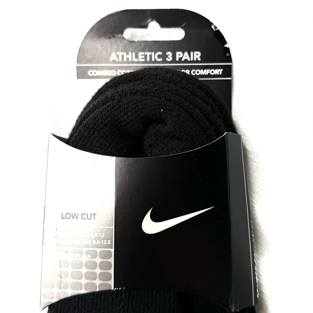Nike Black Low Cut Athletic Socks 3 Pair Comfort Cotton Cushioned Size 6.5-12